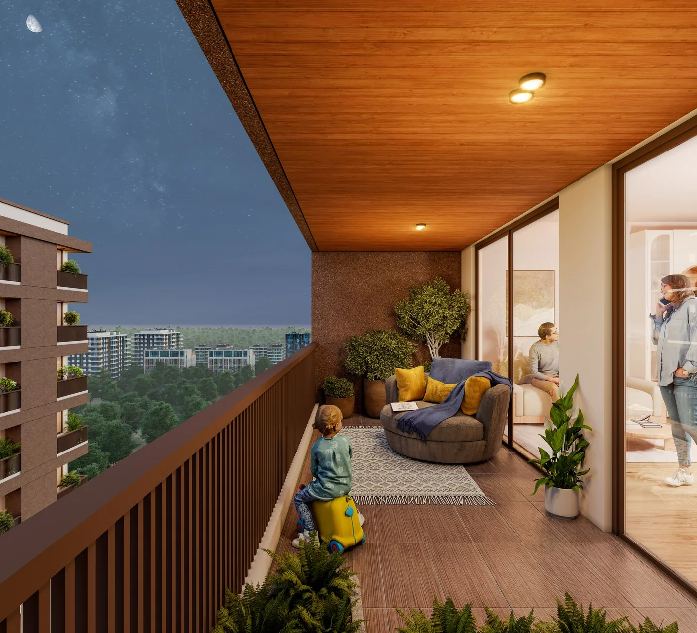 A wide balcony at night, furnished as an outdoor room