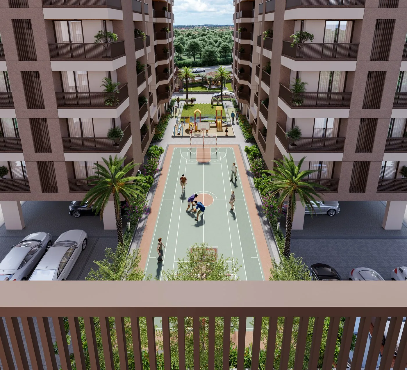 The central courtyard with its multi-sport court, seen from a balcony