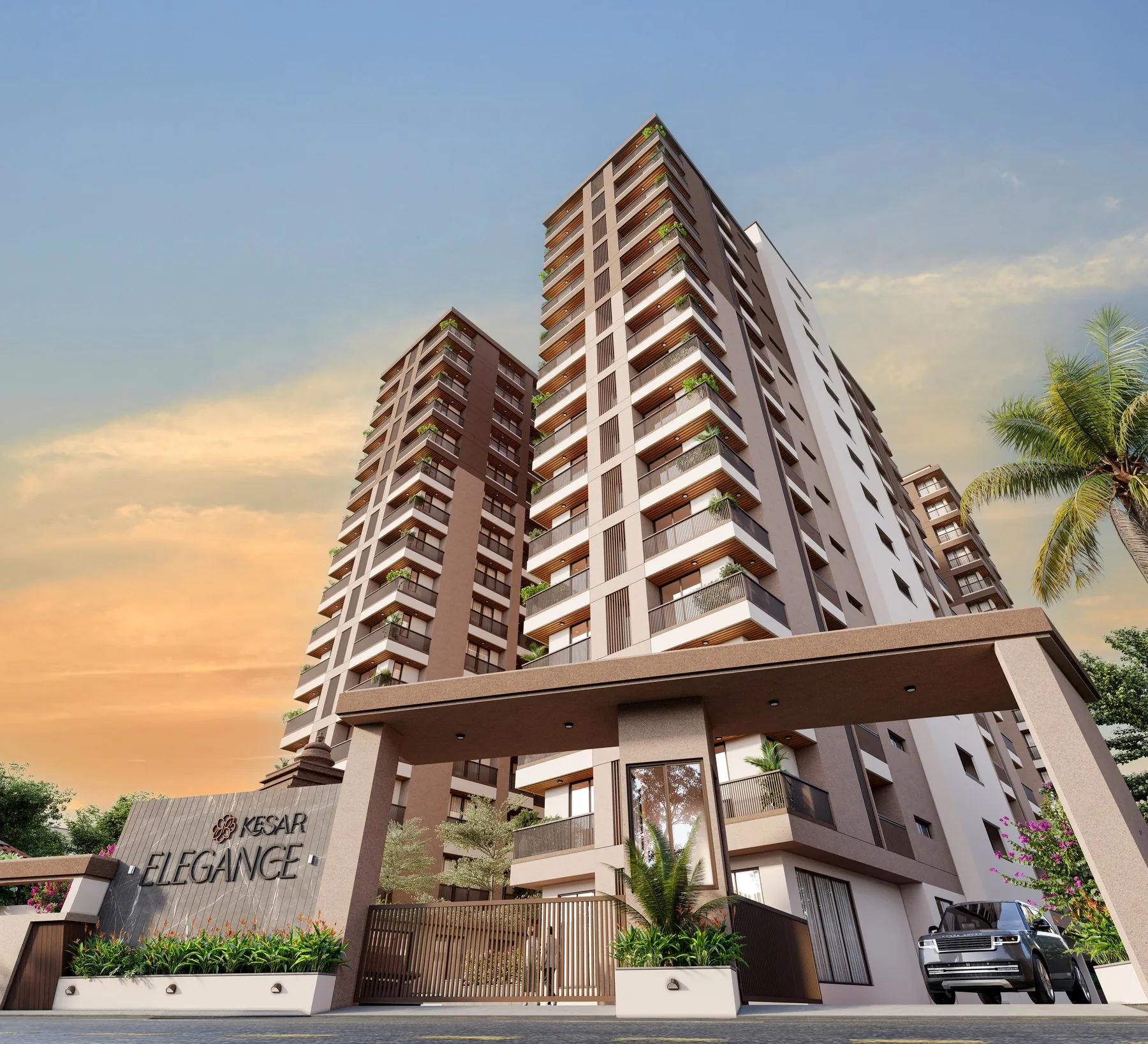 The three Kesar Elegance 3BHK towers over the entrance gate