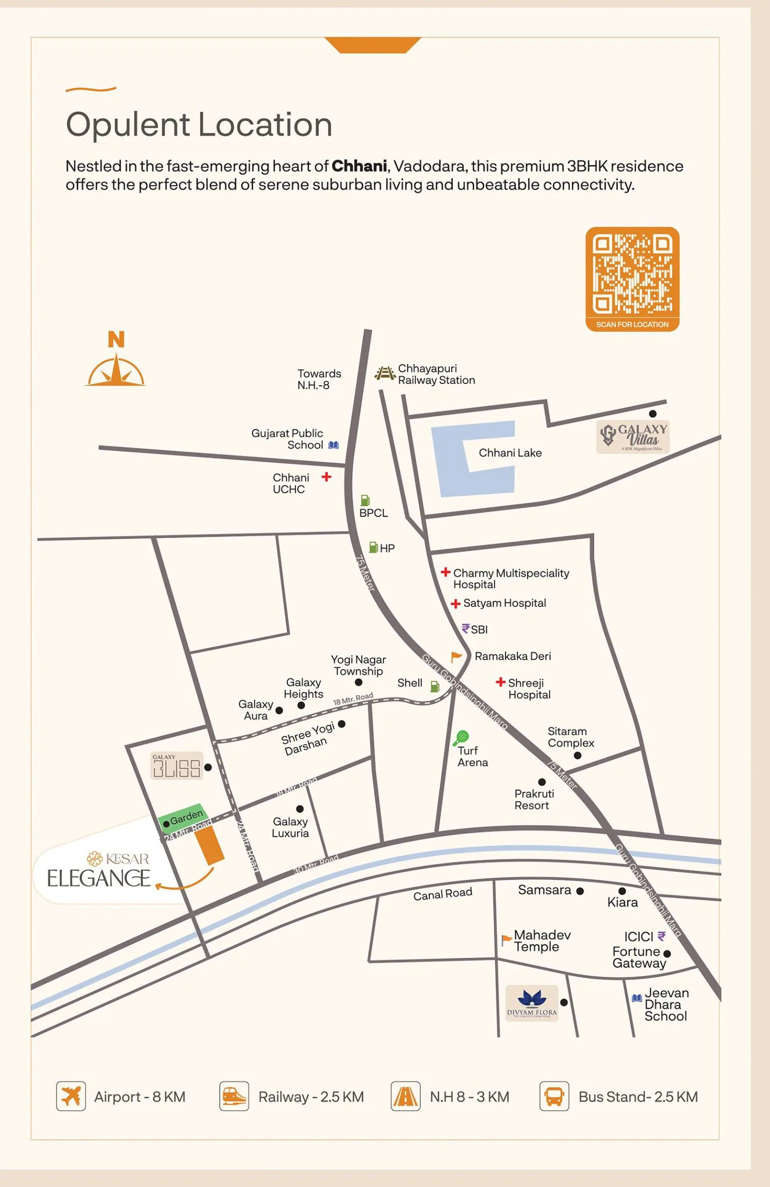 Location map — Kesar Elegance off the 24-metre road in Chhani, with nearby schools, hospitals and landmarks
