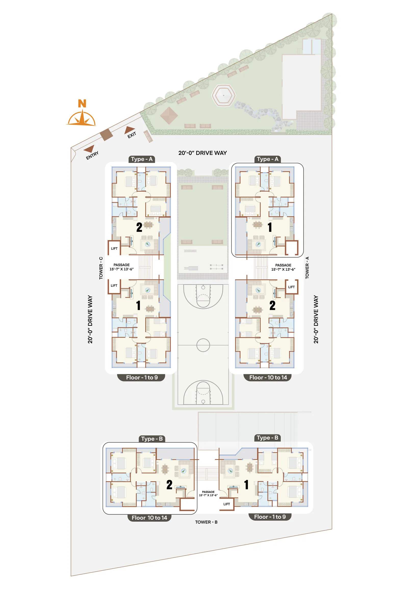 Typical floor layout — two flats per floor across towers A, B and C