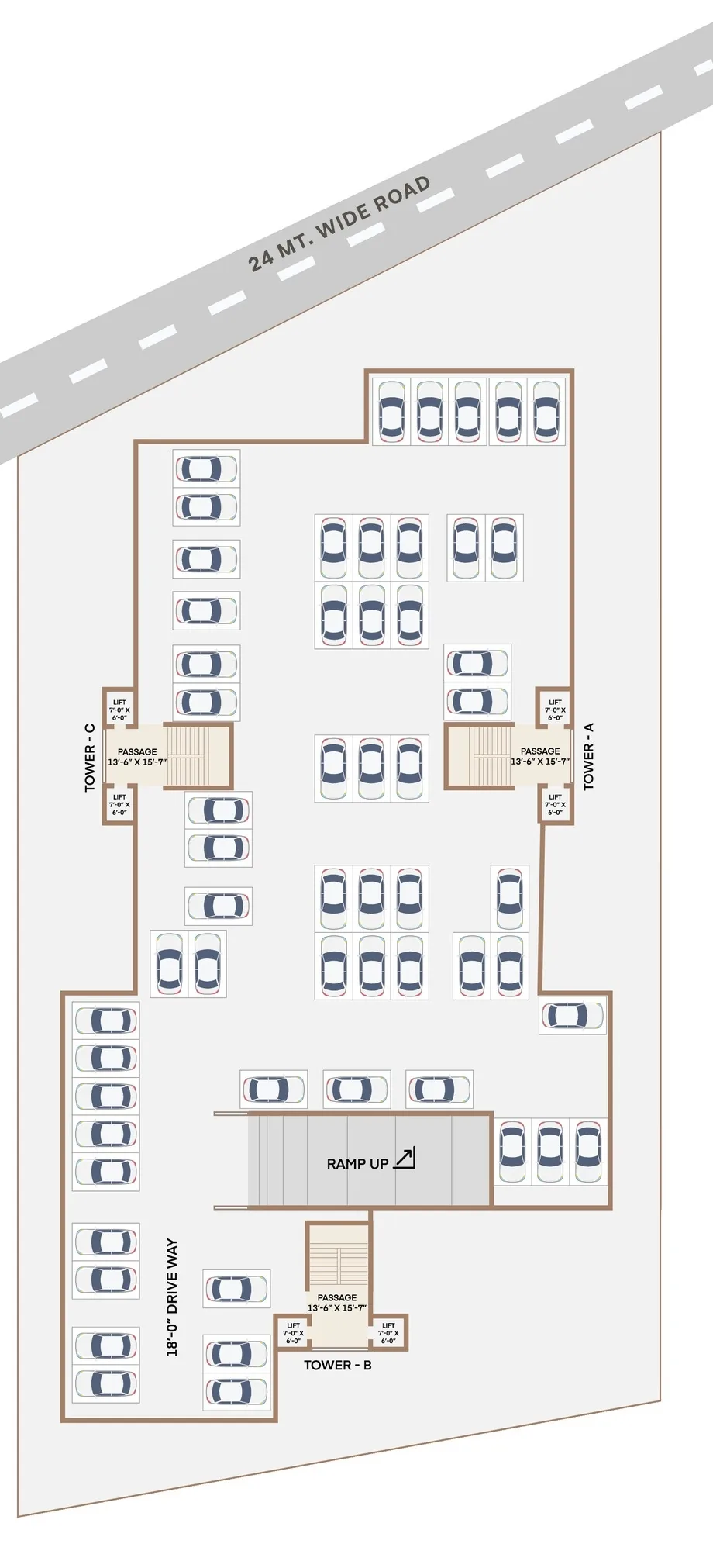 Basement layout with allotted parking and one-way circulation