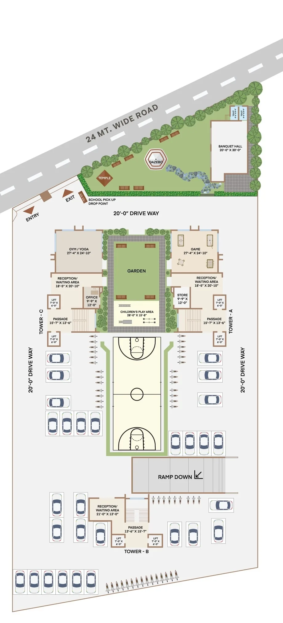 Ground floor layout with gardens, court, temple and banquet hall
