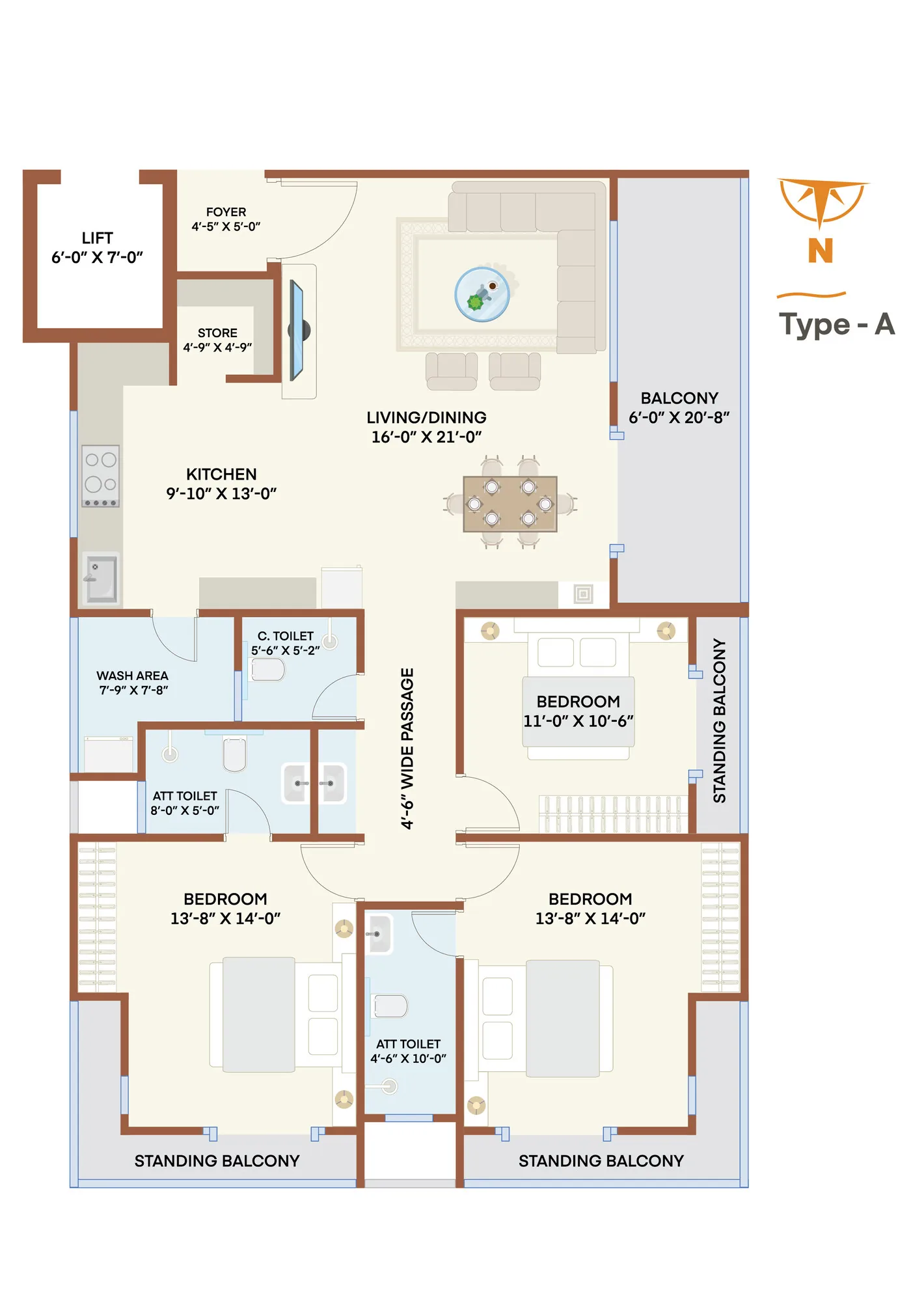 Type A floor plan, floors 10 to 14