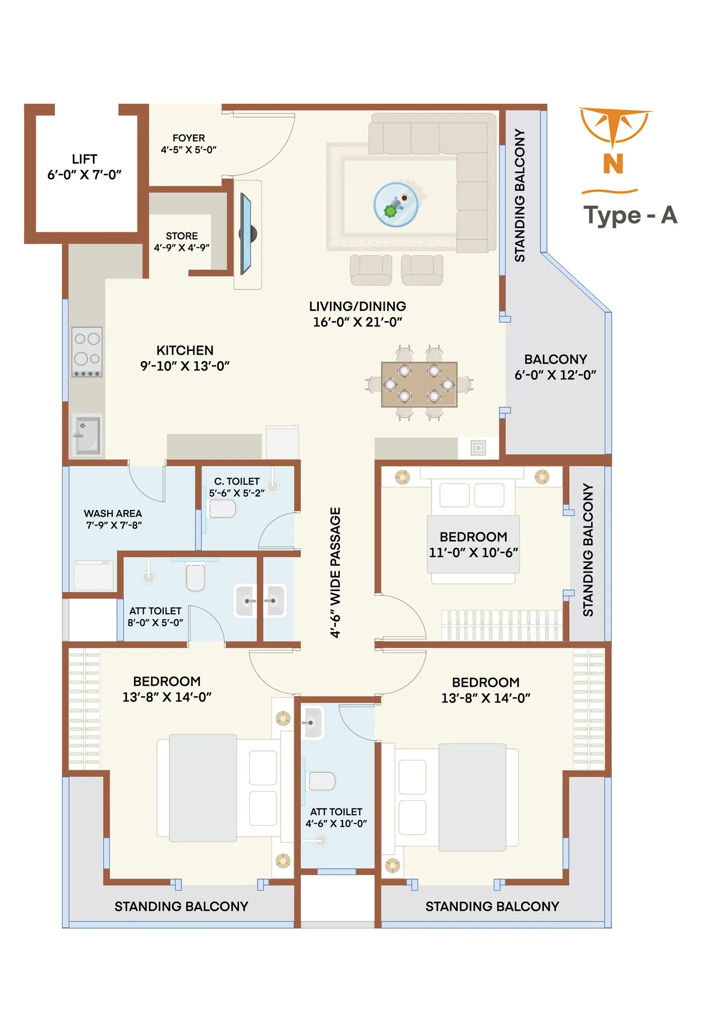 Type A floor plan, floors 1 to 9