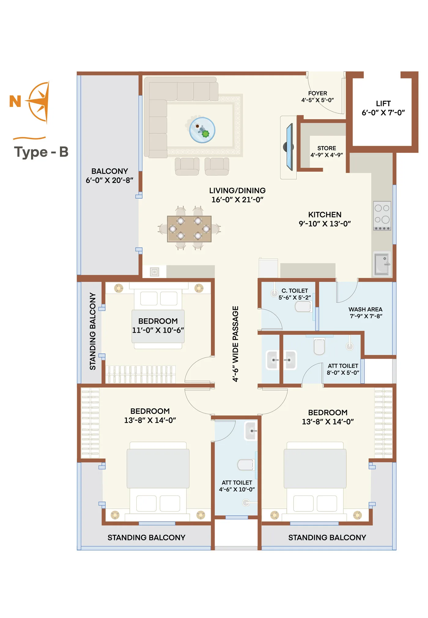 Type B floor plan, floors 10 to 14