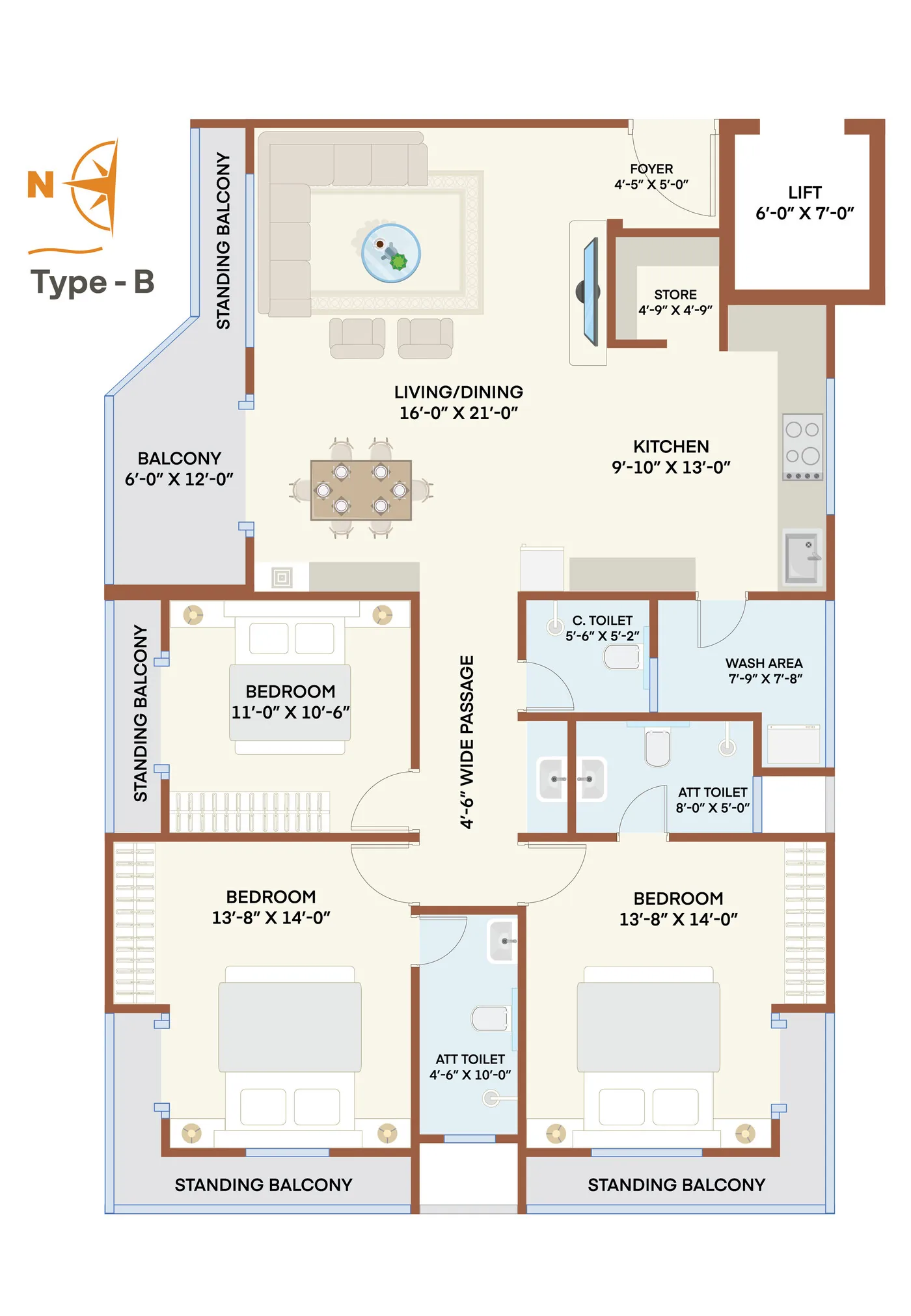 Type B floor plan, floors 1 to 9