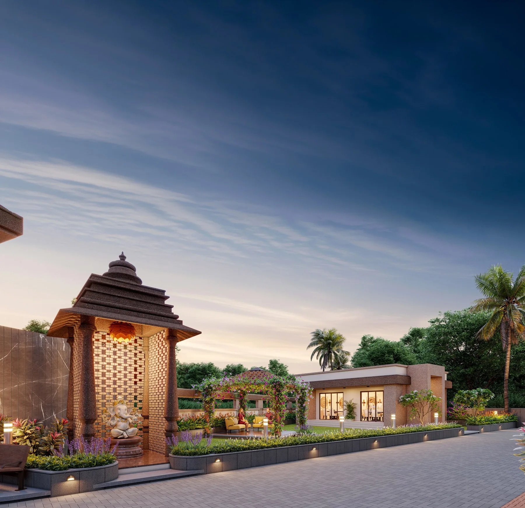 The on-site temple, gazebo and multipurpose hall at dusk